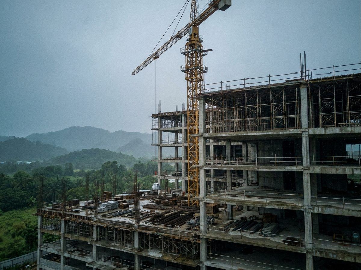 Construction site with scaffolding under an overcast sky