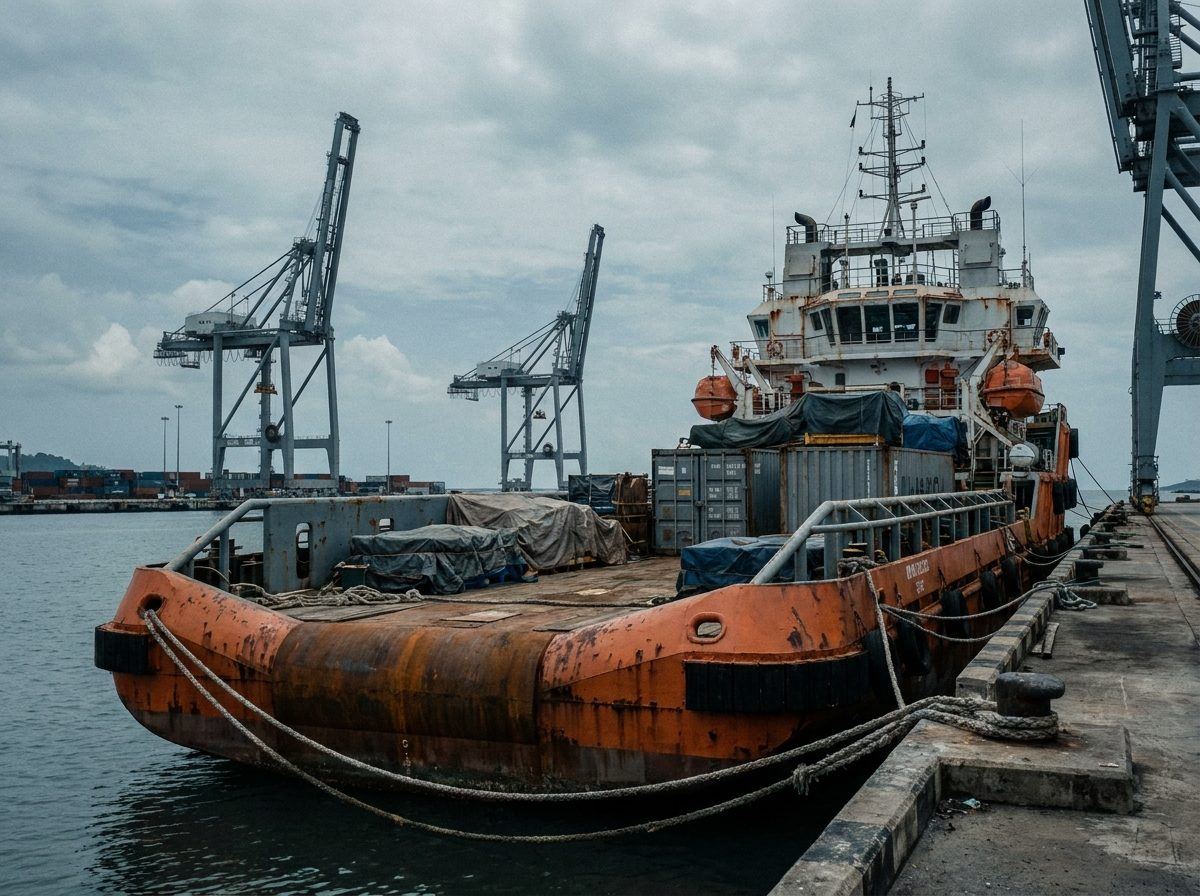 Cargo vessel moored at a quay with harbour cranes behind it