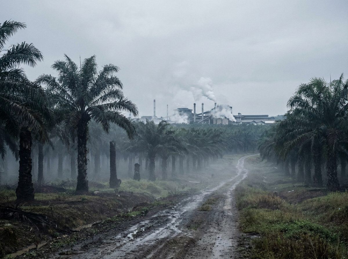 Oil palm estate with mature palms in rows