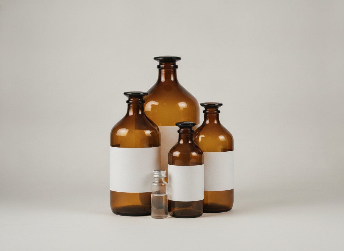 Reagent bottles on a laboratory shelf