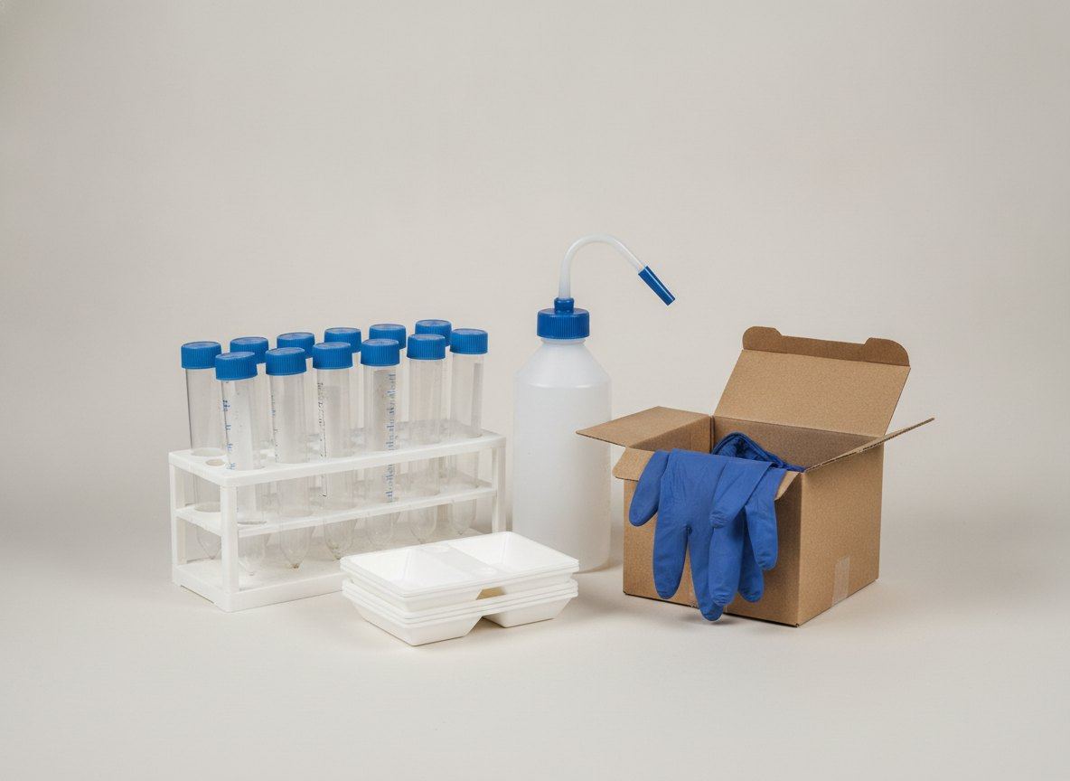 Laboratory plasticware, beakers and cylinders