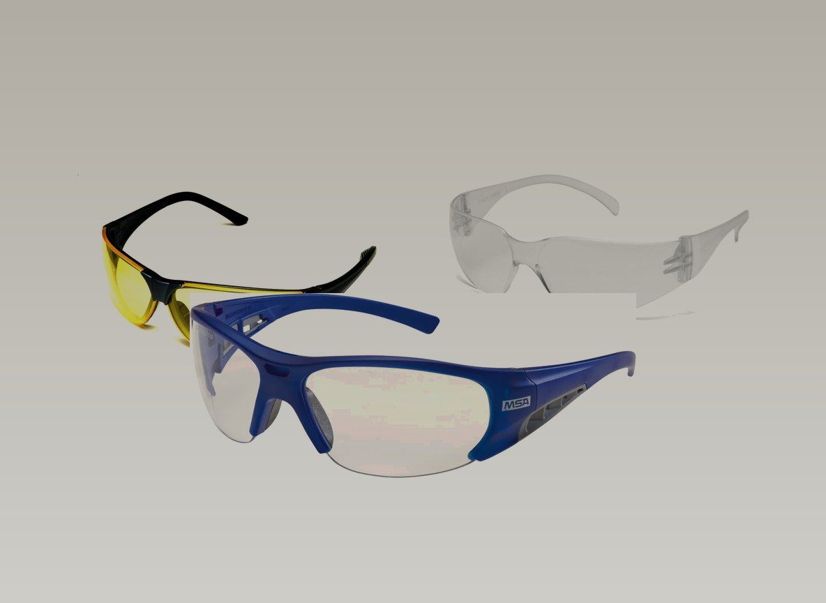 Three pairs of safety glasses, the MSA pair in front