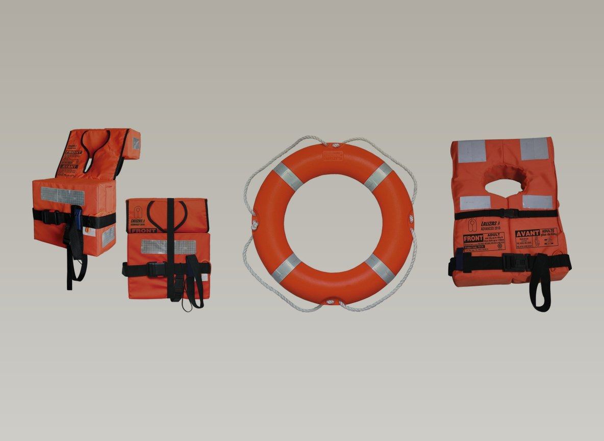 Lifejackets and a lifebuoy side by side