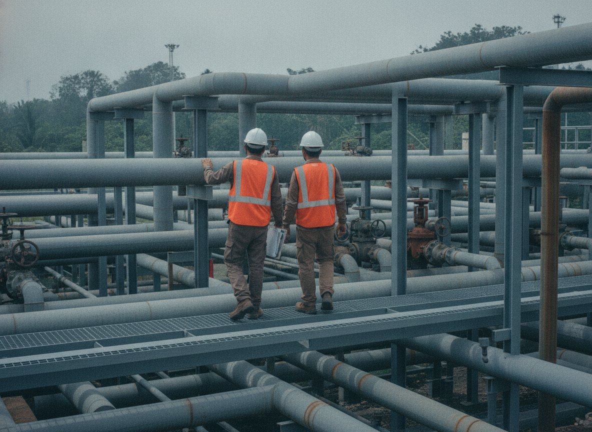 Two workers in hard hats and high visibility vests walking a pipe rack at an industrial site